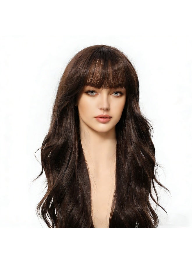 Joudi Long wave black Brown Wig with Bangs for Women, Natural Soft Synthetic Heat Resistant Hair Wig for Wedding Cosplay Party Daily Wear, 30 Inches - Image 4